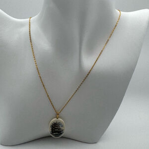 Vintage 1970s ink carved bone ship pendant Gold tone Necklace marked SN